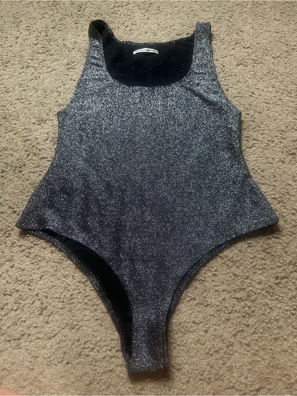 Reformation Black Shimmer Tank Bodysuit LARGE